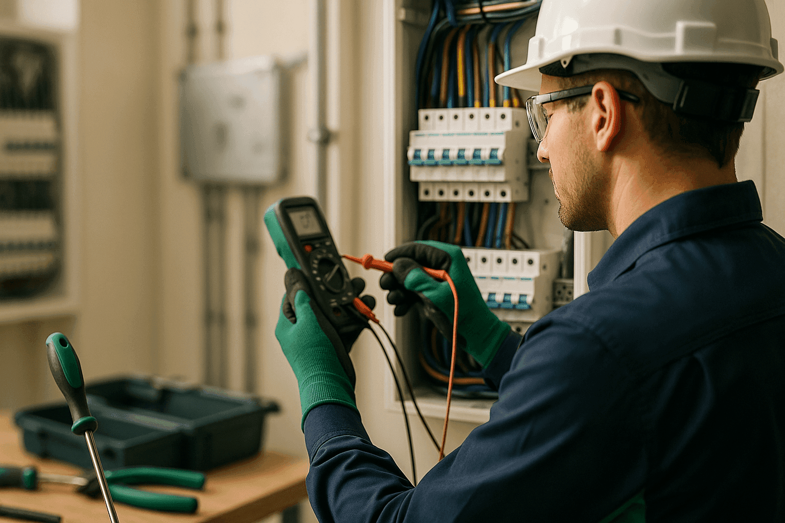 Electrician wearing safety gear working with electrical tools at a clean job site