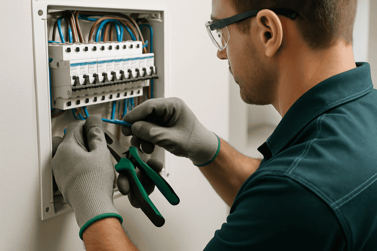 Close-up of electrician’s gloved hands wiring a modern electrical panel indoors