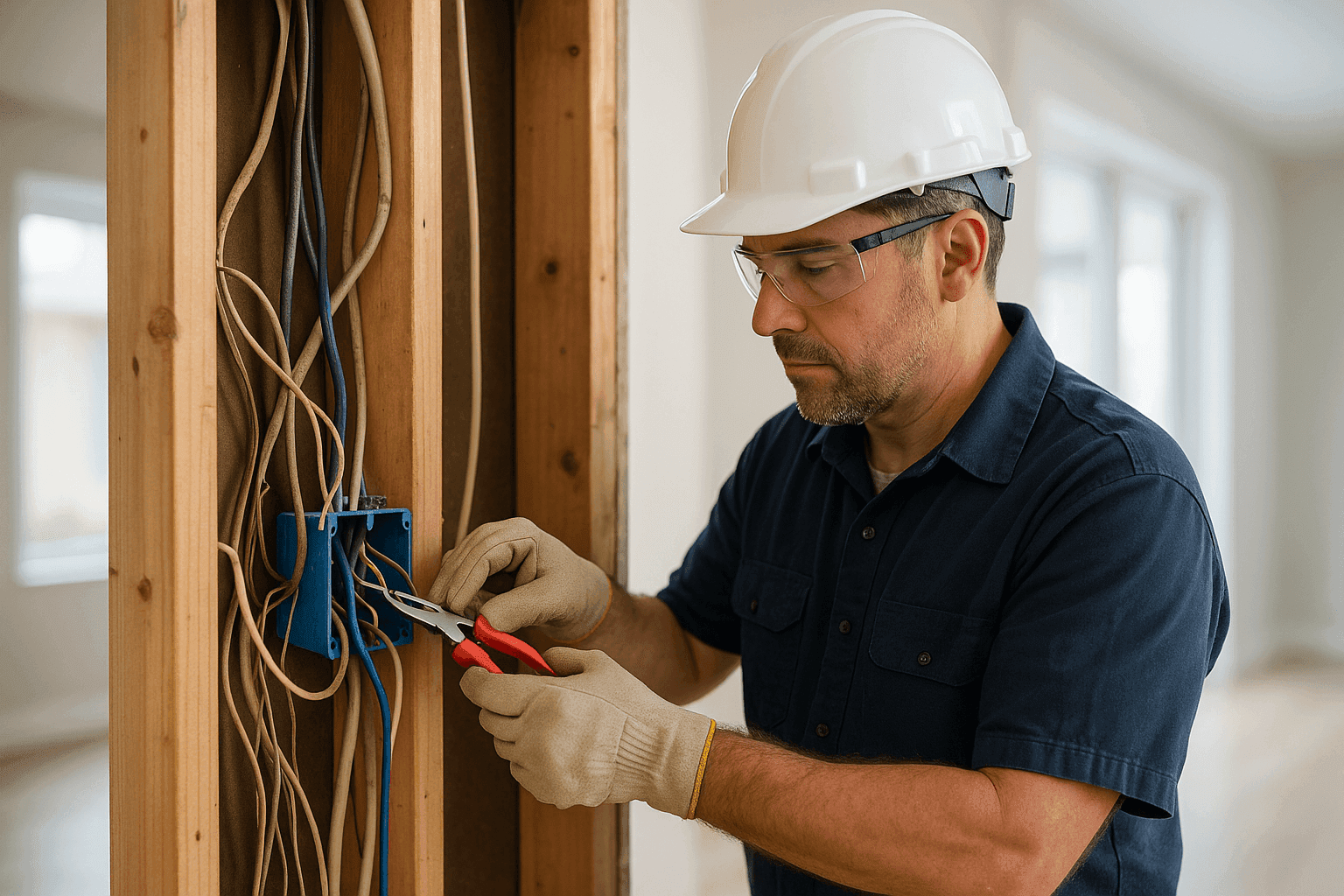 Electrician rewiring electrical cables in a clean, unfinished home wall