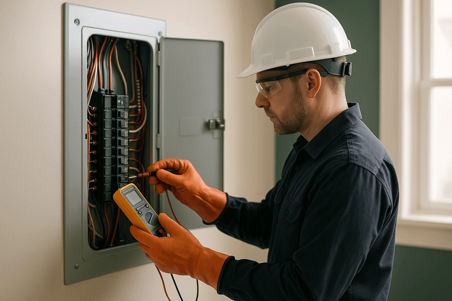 Electrician performing a home electrical safety inspection at a modern breaker panel