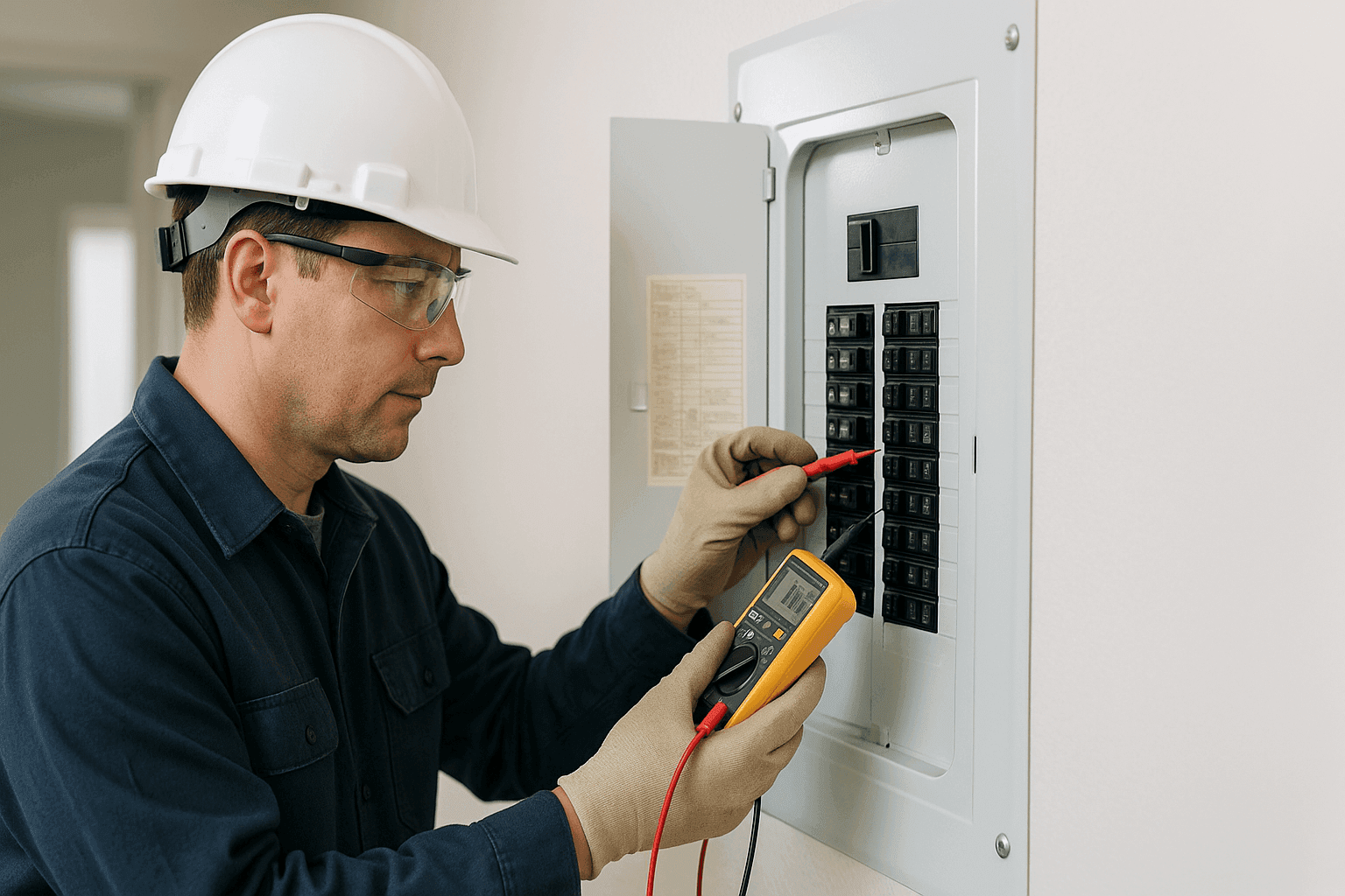 Electrician diagnosing a problem at a circuit breaker panel in a modern home